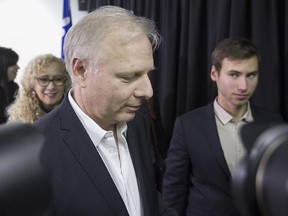 Rosemont MNA Jean-François Lisée, leaves podium following his  announcement he's dropping out of Parti Québécois leadership race on Friday January 23, 2015. (Pierre Obendrauf / MONTREAL GAZETTE)