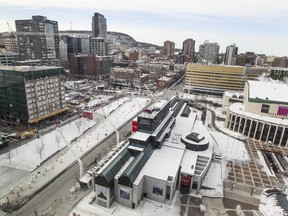 MONTREAL, QUE.: January 27, 2015 -- Overhead view of the area around the Quartier des Spectacles in Montreal Tuesday January 27, 2015.  Place des Festivales runs diagonally through the frame next to Jeanne Mance St., with the promenade of Place des Arts bottom right. (John Mahoney / MONTREAL GAZETTE)