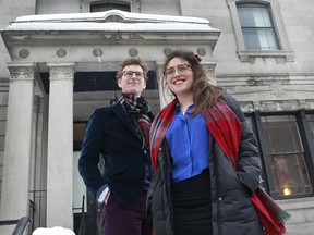 Bernard d'Arche, left and Cécile Branco, right , both co-founders of Centre Magnetique, photographed in front of Notman House, are part of a group of entrepreneurs trying to make Lac-Mégantic a burgeoning place for entrepreneurship and technology.