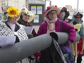 Members of Raging Grannies protest outside UQAM on Jan. 29, 2015, to protest against the EnergyEast pipeline.