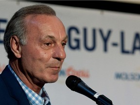 Guy Lafleur speaks during the Guy Lafleur Awards of Excellence at Montreal's Bell Centre in June 2014.