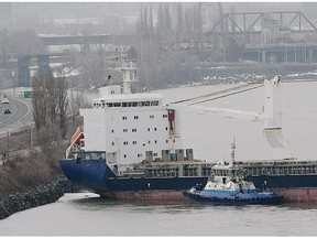 The cargo ship BBC Steinhoeft lies in the St Lawrence Seaway where it ran aground in Montreal.