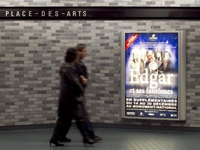 An advertisment panel at Place es Arts métro station in November 2010.  The company that manages commercial space in métro stations on behalf of the STM is surveying riders to see if they would be amenable to different types of sponsorship within the métro network, and what types of sponsorships would be preferred.
