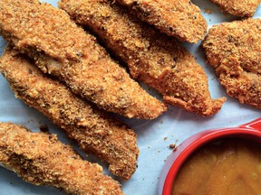 Serve crumb-crusted chicken strips with barbecue sauce for dipping.