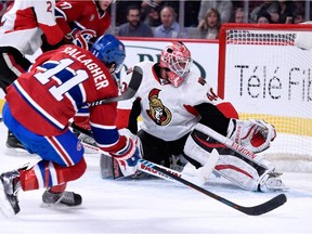 The Canadiens' Brendan Gallagher scores on Ottawa Senators goalie Robin Lehner during game at the Bell Centre on Dec. 20, 2014.