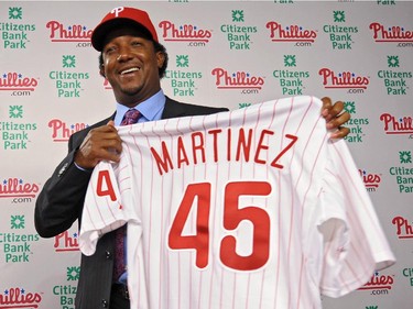 The Philadelphia Phillies Pedro Martinez holds up his jersey after joining the team on July 15, 2009 at Citizens Bank Park in Philadelphia, Pennsylvania.