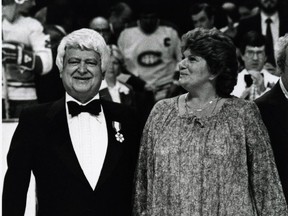 Roger  and Geraldine Doucet sing the national anthem before a Habs game at the Montreal Forum in 1980.
