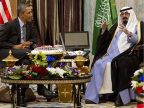 U.S. President Barack Obama (left) meets with Saudi King Abdullah in March 2014.