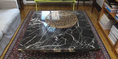 Marble coffee table in the living room of Teresa Lunsford's flat.