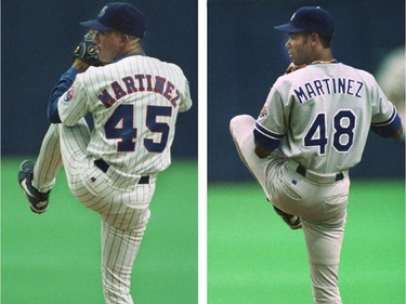 Montreal Expos pitcher Pedro Martinez (left) and his brother Ramon, pitching for the Los Angeles Dodgers, demonstrate their form as the two major leaguers went head to head in Montreal on Thursday, August 29, 1996.