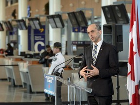 Public Safety Minister Steven Blaney announces achievements by the Canada Border Safety Agency during a news conference at Montreal's Trudeau airport Monday, January 5, 2015.