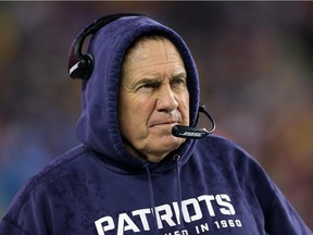 Head coach Bill Belichick of the New England Patriots looks on from the sidleine during AFC championship game against the Indianapolis Colts at Gillette Stadium on Jan. 18, 2015 in Foxboro, Mass.