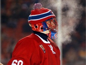 Canadiens goalie Jose Theodore chose to wear a tuque over his mask during Heritage Classic game against the Oilers in Edmonton on Nov. 22, 2003 at Commonwealth Stadium.