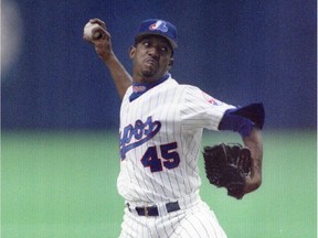 Pedro Martinez pitches for the Expos on May 13, 1997 against the San Diego Padres at Olympic Stadium.
