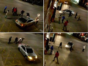 These images from YouTube show a taxi driver running over a man with his cab after an altercation with a crowd early Sunday April 29, 2012 on the corner of Rachel and St. Laurent in Montreal. (Youtube posted by llaneloc )