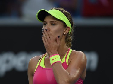 Canada's Eugenie Bouchard reacts as she plays against Netherland's Kiki Bertens during their women's singles match on day three of the 2015 Australian Open tennis tournament in Melbourne on January 21, 2015.