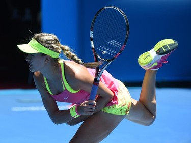 Canada's Eugenie Bouchard serves during her women's singles match against France's Caroline Garcia on day five of the 2015 Australian Open tennis tournament in Melbourne on January 23, 2015.