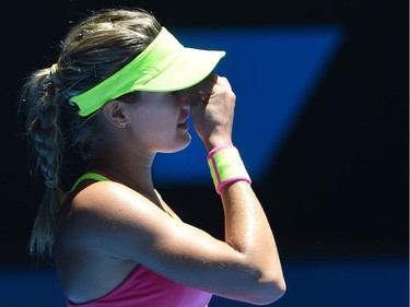 Canada's Eugenie Bouchard reacts during her women's singles match against France's Caroline Garcia on day five of the 2015 Australian Open tennis tournament in Melbourne on January 23, 2015.