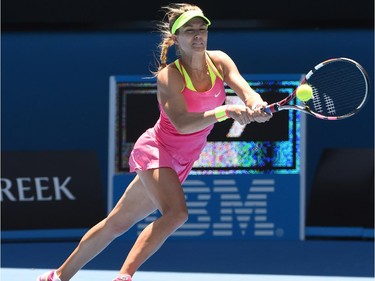 Canada's Eugenie Bouchard plays a shot during her women's singles match against France's Caroline Garcia on day five of the 2015 Australian Open tennis tournament in Melbourne on January 23, 2015.