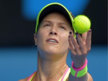 Canada's Eugenie Bouchard serves during her women's singles match against Russia's Maria Sharapova on day nine of the 2015 Australian Open tennis tournament in Melbourne on January 27, 2015.