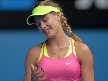 Canada's Eugenie Bouchard gestures during her women's singles match against Russia's Maria Sharapova on day nine of the 2015 Australian Open tennis tournament in Melbourne on January 27, 2015.