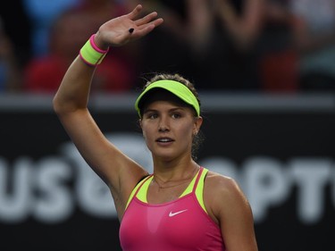 Canada's Eugenie Bouchard celebrates victory against Netherland's Kiki Bertens during their women's singles match on day three of the 2015 Australian Open tennis tournament in Melbourne on January 21, 2015.