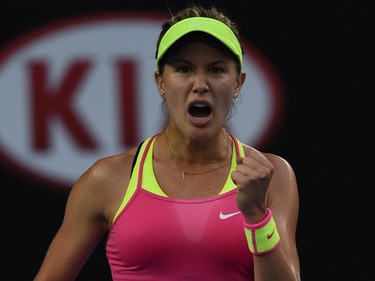 Canada's Eugenie Bouchard reacts as she plays against Netherland's Kiki Bertens during their women's singles match on day three of the 2015 Australian Open tennis tournament in Melbourne on January 21, 2015.