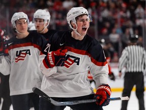 Dylan Larkin of Team USA celebrates after scoring goal against Canada during World Junior Hockey Championship game at the Bell Centre on Dec. 31, 2014.
