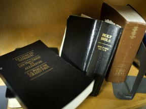 A French translation of the Book of Mormon displayed at a Church of Jesus Christ of Latter Day Saints.