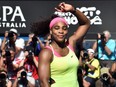 Serena Williams of the US celebrates after victory in women's singles semi-final match against Madison Keys of the US on day eleven of the 2015 Australian Open tennis tournament in Melbourne on January 29, 2015.