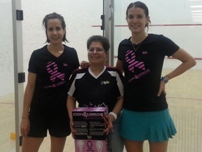 Laurie Lanfer, director of Le Black Knight Conqueror Squash Challenge for Breast Cancer Research squash tournament, flanked by Alexandra Norman, Number 3 ranked Canadian women's squash player, left, and Samanta Cornett, Number One ranked Canadian women's squash player.