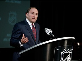 Commissioner Gary Bettman speaks at a press conference during the NHL All-Star Game weekend in Columbus, Ohio, on  Jan. 24, 2015.