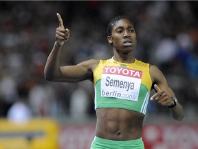 South Africa's Caster Semenya celebrates after winning the women's 800m final race of the 2009 IAAF Athletics World Championships on August 19, 2009, in Berlin.