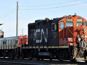 A CN locomotive goes through the CN Taschereau yard in Montreal, in this undated photo.