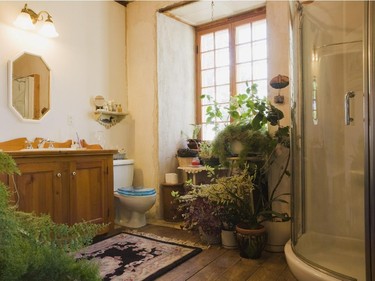 A contoured glass shower stall in the main bathroom was selected to harmonize with the pane-glass window.