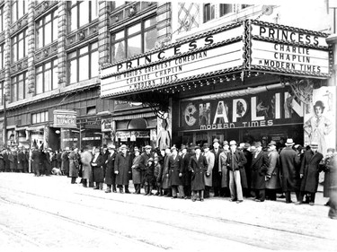 Then: A large crowd gathers outside Montreal's Princess Theatre in 1936 during the opening of Charlie Chaplin's "Modern Times".
Original Princess was built in 1908, on Ste-Catherine at City Councillors, across the street from Bennett's Theatre. Original theatre burned down in 1915.