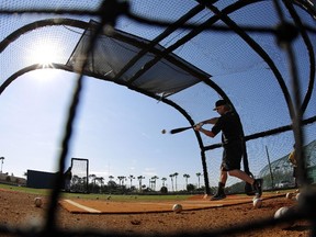 A Pittsburgh Pirates minor-league player takes batting practice during an informal spring-training workout in Bradenton, Fla., on Feb. 16, 2015.