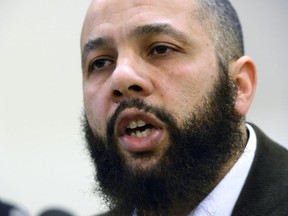 Adil Charkaoui speaks about the suspension of two contracts with junior colleges at a news conference in Montreal on Friday, February 27, 2015.