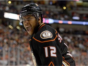 Devante Smith-Pelly reacts after being called for a holding penalty while with the Anaheim Ducks during game against the Arizona Coyotes on Nov. 7, 2014 at the Honda Center in Anaheim, Calif.