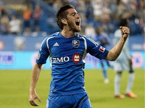 The Impact's Blake Smith celebrates after scoring a goal against Sporting Kansas City during MLS game on July 27, 2013 at Montreal's Saputo Stadium.