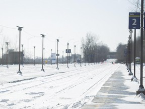 An empty AMT (Agence metropolitaine de transport) rail platform in Montreal. Workers at CP Rail walked off the job Monday, February 16, 2015, bringing a halt to commuter rail service on the CP tracks.