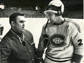 Former Montreal Canadiens’ coach Claude Ruel, left, with John Ferguson on March 7, 1970. Ruel has died at age 76.