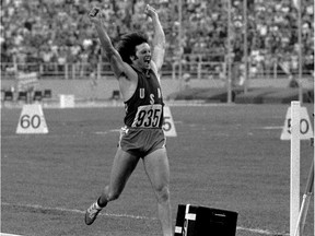 This July 30, 1976 file photo shows Bruce Jenner reacting after securing the gold medal in the Olympic Decathlon in Montreal.