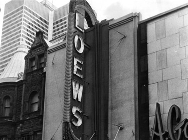 Then: A 1972 photo of the Loews Theatre, on Ste-Catherine just west of Mansfield St. Built in 1917 by architect Thomas W. Lamb. With more than 3,000 seats, it was the largest in Montreal when it opened, and for years was the principal vaudeville stand in the city.