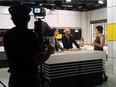 From left: Hosts Marc-André Coallier and Antoine Mongrain and columnist Marie-Ève Cloutier on an episode of Libre-Service on MAtv.