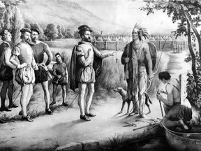 Jacques Cartier his first interview with the Indians at Hochelaga now Montreal in 1535.  Copyright Associated Sorsen News Limited a. The Manoir Richelieu for Canada Steampship Lines Limited. From the original cartoon by Andrew Morris. Lith.of N Sabony New York Photo used Nov. 30, 1992.