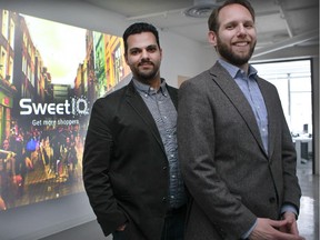 Mohannad El-Barachi, CEO, left,  and Michael Mire, CRO, right, are the co-founders of SweetIQ, a company that basically makes sure companies' online info is correct everywhere to encourage people to go into stores to make purchases.They've got some big clients, like Fedex, McDonald's, etc.