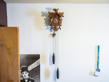 A cuckoo clock made by Jax Jacobsen's grandfather is on the wall.