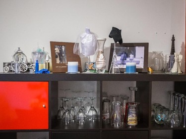 A view of the the storage space containing wine and beer glasses.