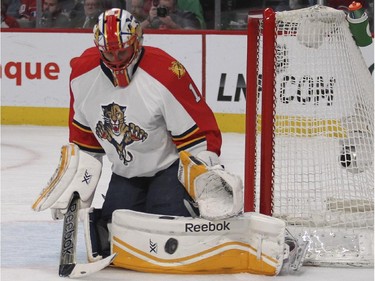 Florida Panthers goalie Roberto Luongo makes a pad save during first period of National Hockey League game against the Canadiens in Montreal Thursday February 19, 2015.